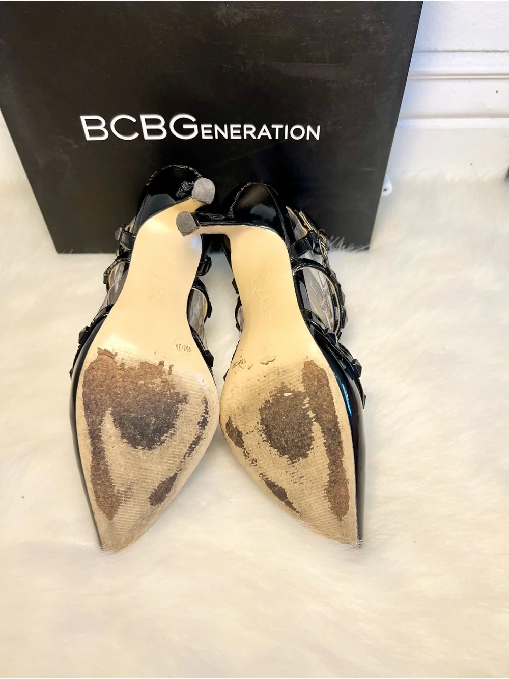 BCBGeneration Darron Black Studded Strappy Pointed-Toe High Heels